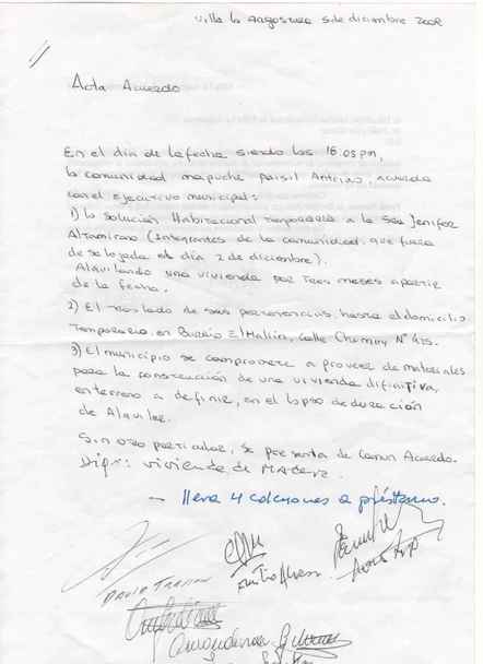 Villa La Angostura, acta acuerdo del 5 de diciembre 2009